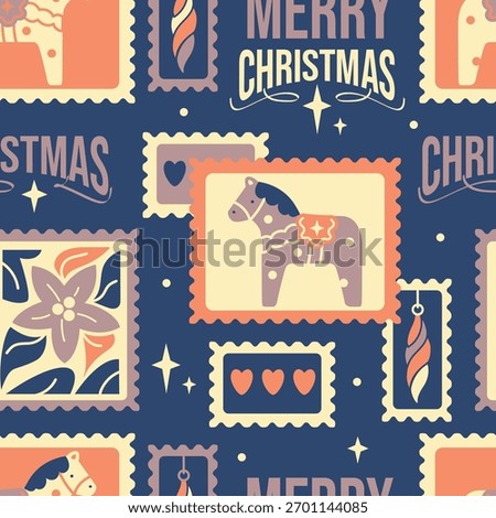 Festive Christmas postage stamp background. Perfect for pastel color fabric, stationery, and vintage style wrapping paper.