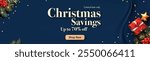 Festive Christmas promotion banner featuring a navy-blue background adorned with golden stars and green pine branches. Ideal for Christmas promotions, Online or social media marketing.