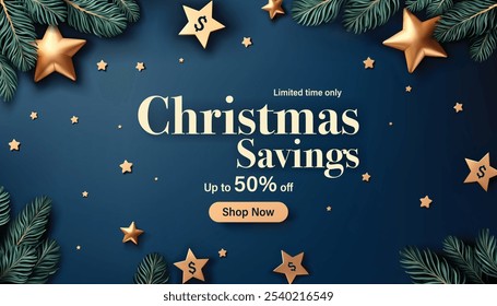 Festive Christmas promotion banner featuring a navy-blue background adorned with golden stars and green pine branches. Ideal for Christmas promotions, Online or social media marketing.