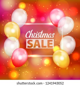 Festive Christmas red background with defocused lights, white, red and yellow air balloons and thin rectangle frame. Bokeh abstract pattern with promotion Christmas sale text