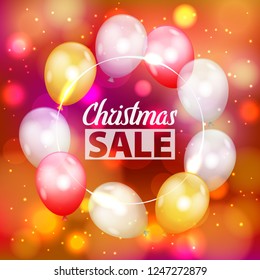 Festive Christmas red background with defocused lights, white, red and yellow air balloons and thin round frame. Bokeh abstract pattern with promotion Christmas sale text