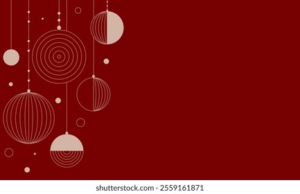 Festive Christmas red background with geometric ornaments hanging on side. Copy space. 