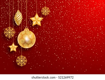 Festive Christmas Red Background with Golden Christmas Decorations and Golden Glitters. Vector Illustration.