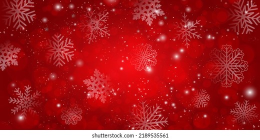 Festive Christmas red background with snowflakes, sequins and bokeh. Template for the new year for printing,banners,postcards,web design