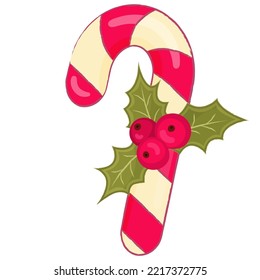 Festive Christmas red candy cane with holly decoration. Drawn in cartoon style vector isolated.