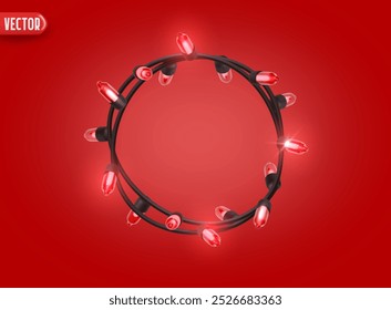 Festive Christmas red string lights brightly glowing. Realistic 3d New Year decorations garland isolated on rich red background. vector illustration