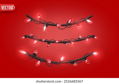 Festivo Natal vermelho corda luzes brilhando brilhante. Realistic 3d Ano Novo decorações guirlanda isolado no fundo vermelho rico. ilustração vetorial