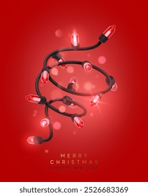 Festive Christmas red string lights brightly glowing. Realistic 3d New Year decorations garland isolated on rich red background. vector illustration