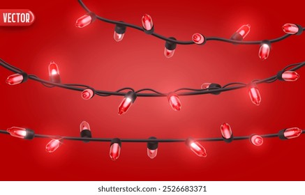 Festive Christmas red string lights brightly glowing. Realistic 3d New Year decorations garland isolated on rich red background. vector illustration