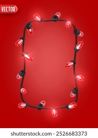 Festive Christmas red string lights brightly glowing. Realistic 3d New Year decorations garland isolated on rich red background. vector illustration