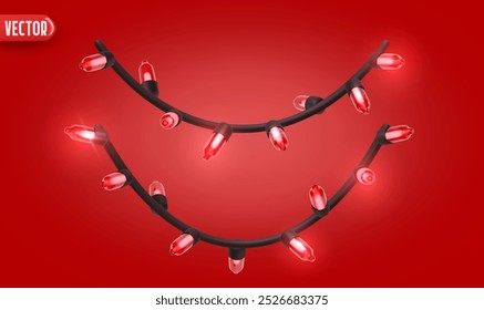 Navidades festivas luces de cadena roja brillantes. Guirnalda realista de las decoraciones del año Nuevo 3d aislada en el fondo rojo rico. Ilustración vectorial