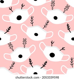 Festive Christmas reindeer with face mask seamless pattern in doodle style on pink background for Christmas fashion print, wallpaper, gift wrapping paper etc.