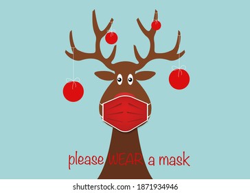 Festive Christmas reindeer wearing face mask for Corona virus protection. Christmas tree cartoon reindeer with surgical mask in flat style and xmas balls decoration Vector isolated on blue background 