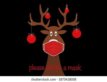 Festive Christmas reindeer wearing face mask for Corona virus protection. Christmas tree cartoon reindeer with surgical mask in flat style and xmas balls decoration Vector isolated black background 