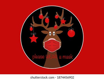 Festive Christmas reindeer wearing face mask for Corona virus protection. Christmas tree cartoon reindeer with surgical mask in flat style and xmas balls decoration black round vector isolated on red