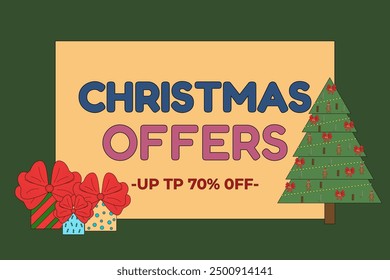 Festive Christmas sale banner featuring a decorated tree and wrapped gifts. Ideal for holiday promotions and seasonal discounts.