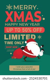 Festive Christmas sale banner featuring Santa, snowman, and holiday discount message. Perfect for holiday promotions, limited-time offers, and seasonal sales