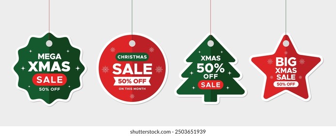 Festive Christmas sale tags in various shapes and colours. Perfect for holiday promotions and marketing.