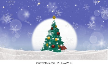 Festive Christmas scene with decorated tree, snowflakes, and a glowing winter background, perfect for holiday designs, greeting cards, and seasonal art.