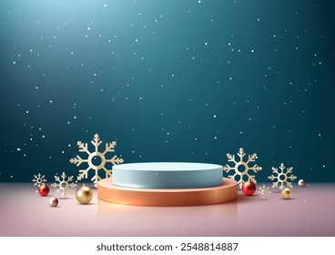 Festliche Weihnachtsszene mit 3D-Podium mit zwei Stufen mit goldenen Schneeflocken, roten und goldenen Ornamenten, auf schneeblauem Hintergrund. Urlaubsdisplays und kreatives Branding