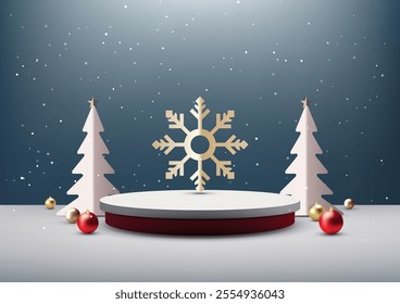 Festive Christmas scene featuring 3D two tiered podium with golden snowflakes, red and gold ornaments, set against a snowy blue background. Holiday displays and creative branding