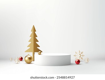 Escenario de Navidades festivas que muestra un podio blanco en 3D con un árbol de Navidad dorado, adornos rojos y dorados y copos de nieve. Maquetas de Festiva, pantallas de productos