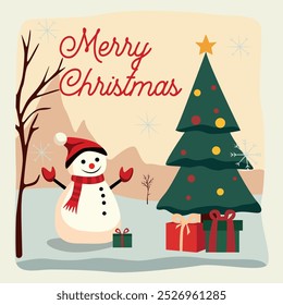 Festive Christmas scene with a smiling snowman in a red scarf and hat standing beside a decorated Christmas tree with presents. The greeting Merry Christmas is written at the top in red letters