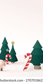 Festliche Weihnachtsszene mit Christbäumen, Zuckerstangen und Schneeflocken. Weihnachtsdekorationen schaffen eine fröhliche Urlaubsatmosphäre. Perfekt für Weihnachtsthemen. Xmas Mobile Tapete Vektor.