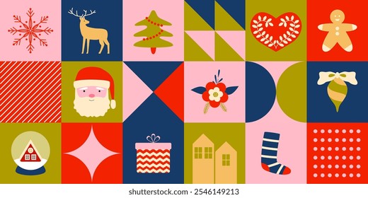 Festive Christmas seamless background. Geometric shapes and figures. Modern Christmas and New year icons. Holidays season. Retro pattern, banner, backdrop, wrapping paper. Mosaic.