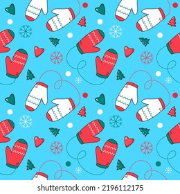 Festive Christmas seamless background with mittens and snowflakes. packaging print. concept Xmas. vector illustration