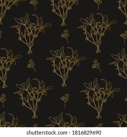 Festive Christmas seamless pattern, with American traditional xmas plants mistletoe branches and holly berry in line doodle style, modern ornate for New Year on black background.