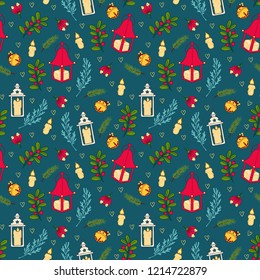 Festive Christmas seamless pattern with candle, bell, candlestick and Winter Plant. Magic pattern with illustration for packing, stationary, wrapping, scrapbooking, decoration.