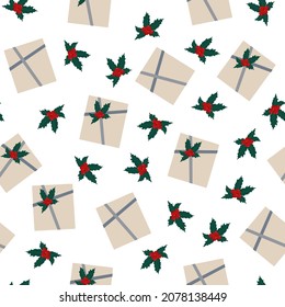 Festive Christmas seamless pattern, colorful winter holiday gifts and holly plant on the white background vector illustration in cartoon flat style for home decor, textile, gift paper