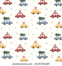 Festive christmas seamless pattern colorful cars with gift boxes, christmas trees and snow. Christmas pattern design for seasonal designs, wrapping paper, greeting cards. Winter wonderland.