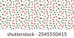 Festive Christmas seamless pattern with confetti or sprinkles for donuts. Green and red color. Repeating background, vector illustration for holiday, birthday, gift paper, decoration.