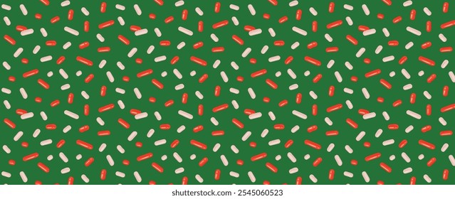 Patrón de Navidades festivas sin fisuras con confeti o rociados para donas. Color verde y rojo. Fondo de repetición, Ilustración vectorial para vacaciones, cumpleaños, papel de regalo, decoración.
