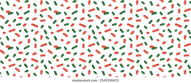 Festive Christmas seamless pattern with confetti or sprinkles for donuts. Green and red color. Repeating background, vector illustration for holiday, birthday, gift paper, decoration.