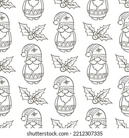 Festive Christmas seamless pattern with cute gnome and holly on a white background. Hand drawn doodle vector illustration