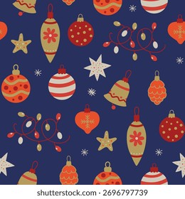Festive Christmas seamless pattern with Christmas decorations.  Vector illustrations.
