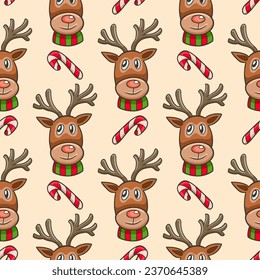 Festive Christmas seamless pattern with deer and candy cane. Hand drawn doodle vector background