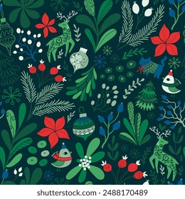 Festive Christmas seamless pattern with deer, bird, cat . Perfect for  backgrounds, textiles, and stationery. Add a touch of holiday cheer to your designs with this whimsical pattern. 