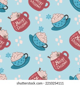 Patrón festivo de Navidad sin fisuras en estilo doodle.Gracioso estilo de dibujos animados a mano fondo festivo interminable con ilustración repetida vectorial de caída de bebidas lindas para envoltura, tarjetas de saludo