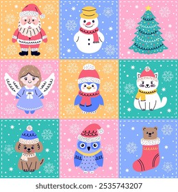 Festive Christmas seamless pattern featuring nine colorful square icons of cute holiday characters,  Santa Claus,  snowman, angel, penguin, cat,  owl.