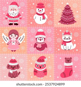 Festive Christmas seamless pattern featuring nine colorful square icons of cute holiday characters,  Santa Claus,  snowman, angel, penguin, cat,  owl, and more.