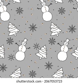 Festive Christmas seamless pattern fir tree, snowman, snowflakes, flakes. Doodle hand drawn frosty street in winter. Vector illustration for postcards, packaging, paper, gifts.