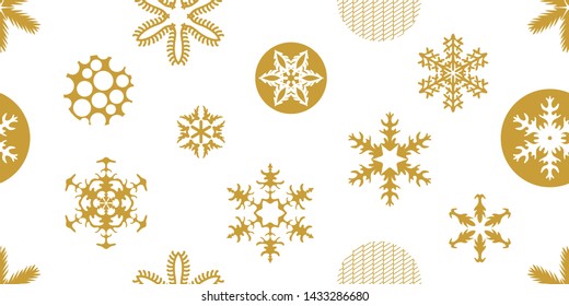 Festive Christmas seamless pattern with geometric motifs. Snowflakes and circles with different ornaments. Retro design collection. Golden elements on white background.