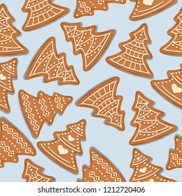 Festive Christmas seamless pattern with gingerbread Christmas trees on blue background. Vector