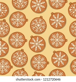 Festive Christmas seamless pattern with gingerbread Christmas balls on yellow background. Vector