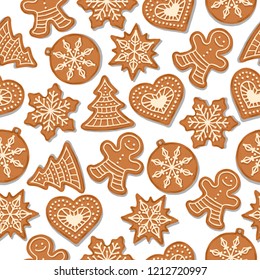 Festive Christmas seamless pattern with gingerbread  on white background. Vector