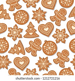 Festive Christmas seamless pattern with gingerbread  on white background. Vector